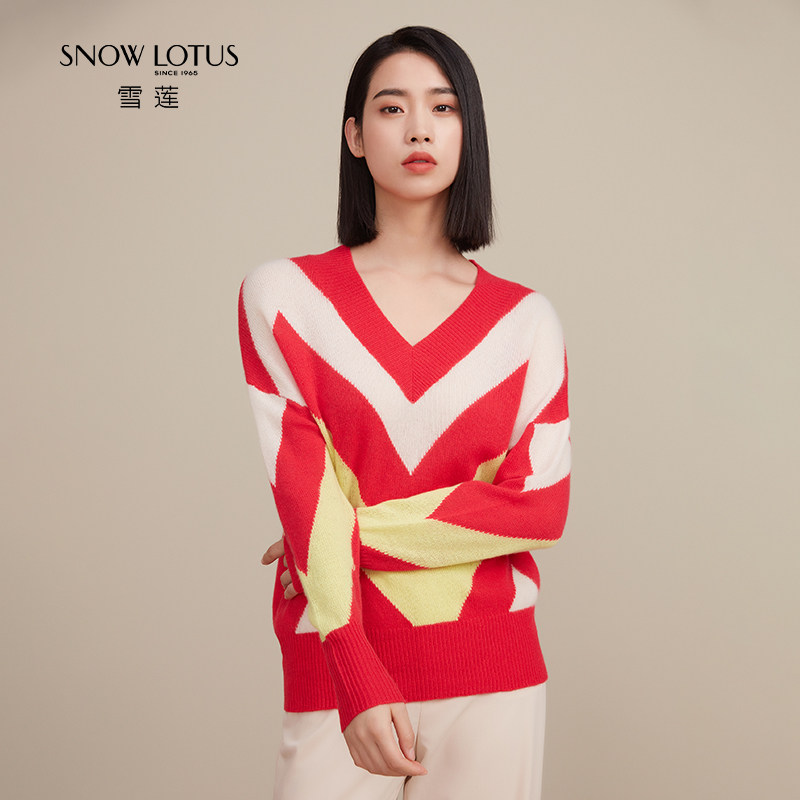 SNOW LOTUS SINCE 1965/雪莲秋冬新款纯山羊绒毛衣洋气拼色慵懒风,女装/女士精品,羊绒衫,淘宝优惠券,粉丝福利购,淘宝优惠卷