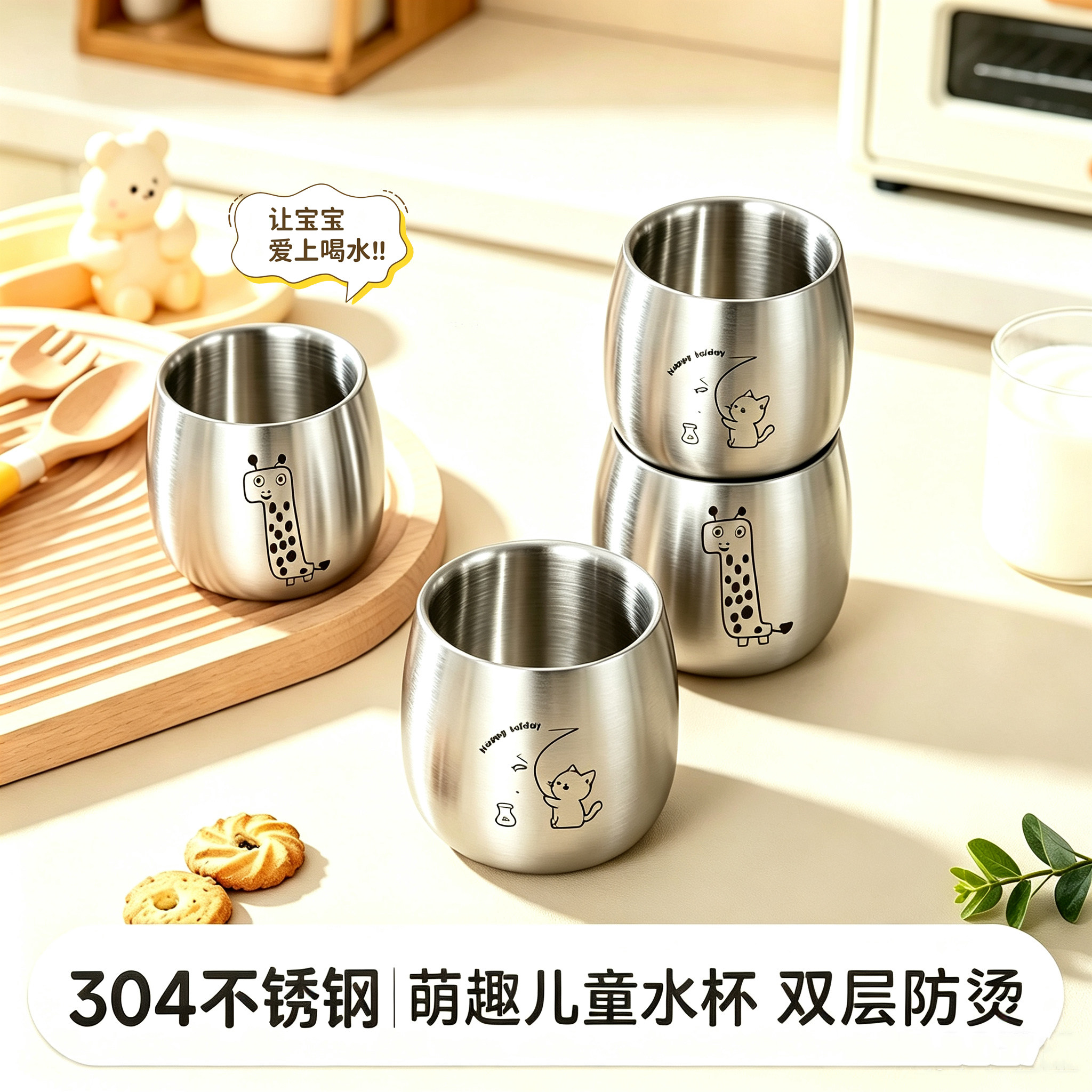 304不锈钢儿童抗菌防摔水杯刻字