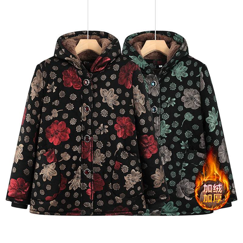 商场品牌女款妈妈加绒加厚连帽棉衣外套2025冬装新款棉服老年人保