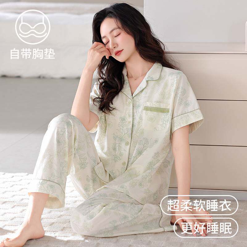 官方正品带胸垫睡衣女夏季纯棉短袖长裤薄款2026新款中年妈妈高级