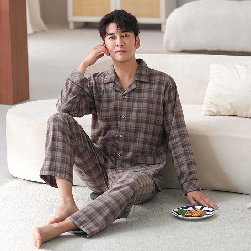 官方正品梭织棉纱布睡衣男春秋款长袖全棉布料100纯棉新款格子家