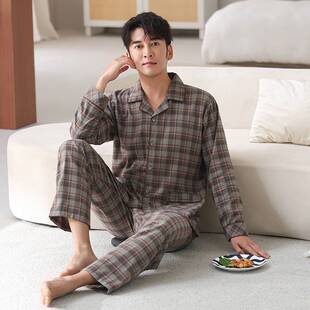 官方正品梭织棉纱布睡衣男春秋款长袖全棉布料100纯棉新款格子家