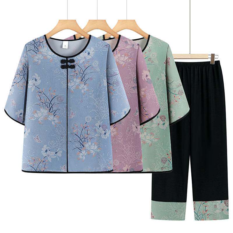 官方正品奶奶装休闲大码衣服夏季女装中袖上衣裤子两件套妈妈2026