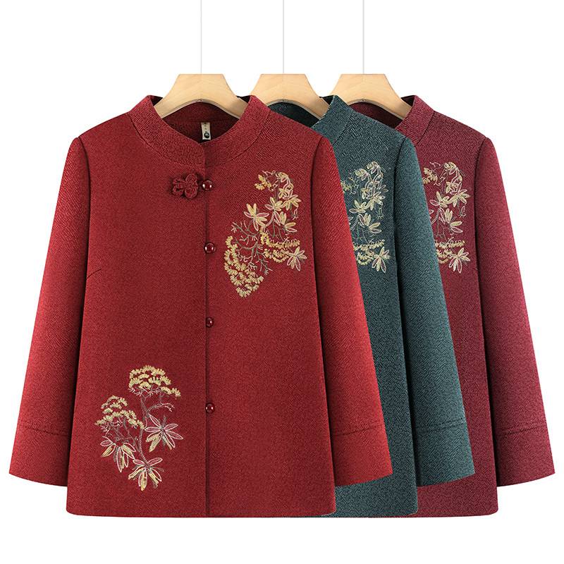 官方正品中老年女秋冬装新款奶奶绣花外套大码70岁老人衣服立领唐