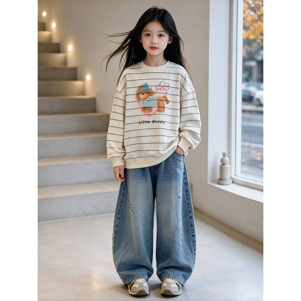 官方正品女童条纹卫衣春秋装2026新款儿童韩系穿搭大童圆领长袖打