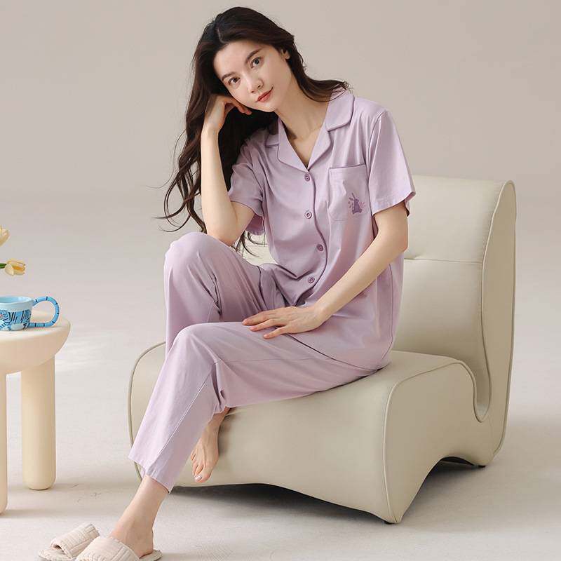 官方正品睡衣女士夏季纯棉短袖长裤薄款套装2026年新款大码纯色全
