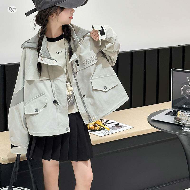 官方正品女童撞色夹克衫2026年春季新款中大童宽松连帽外套工装长