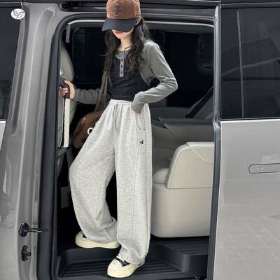 官方正品女童休闲字母卫裤2026年春季新款中大童拼接弯刀裤运动长