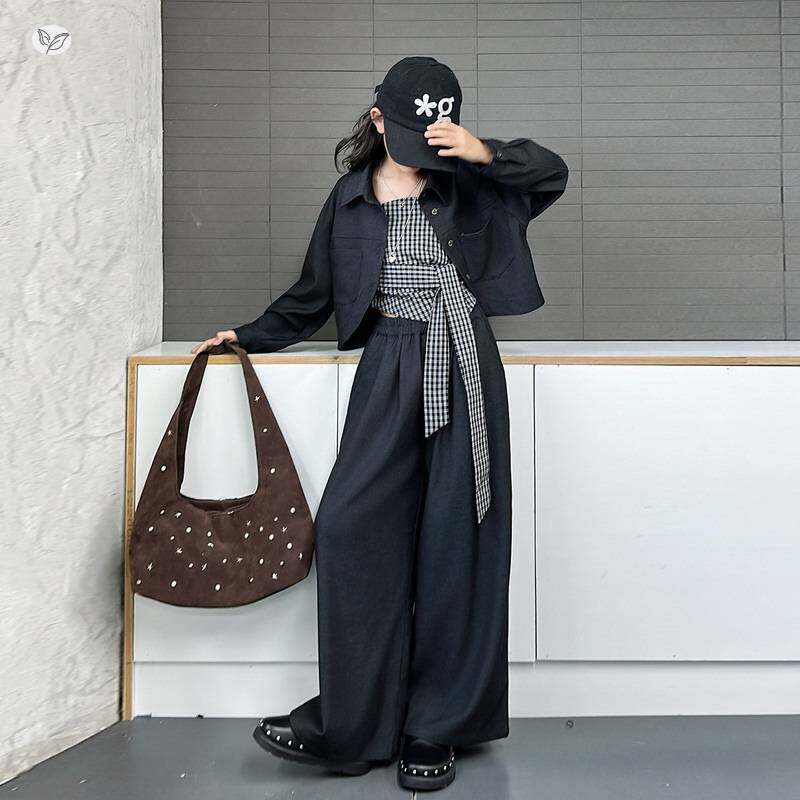 官方正品女童牛仔套装2026年春季新款格子吊带短款外套三件套中大