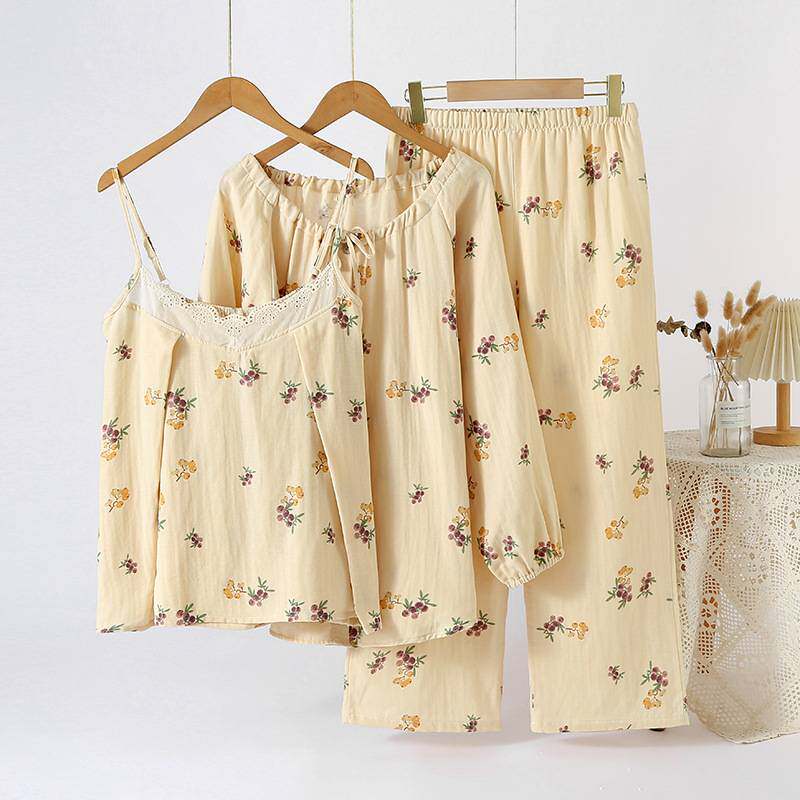 官方正品女士睡衣纯棉平纱三件套睡衣女长袖开衫吊带蕾丝花边甜美