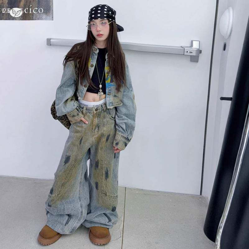 官方正品复古做旧牛仔套装女童2026年春夏新款中大童短款夹克衫阔
