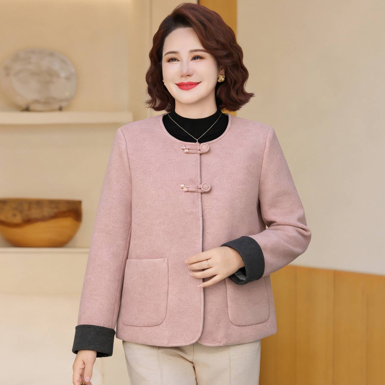 官方正品妈妈装新中式盘扣毛呢外套女春秋洋气中老年女装上衣外套
