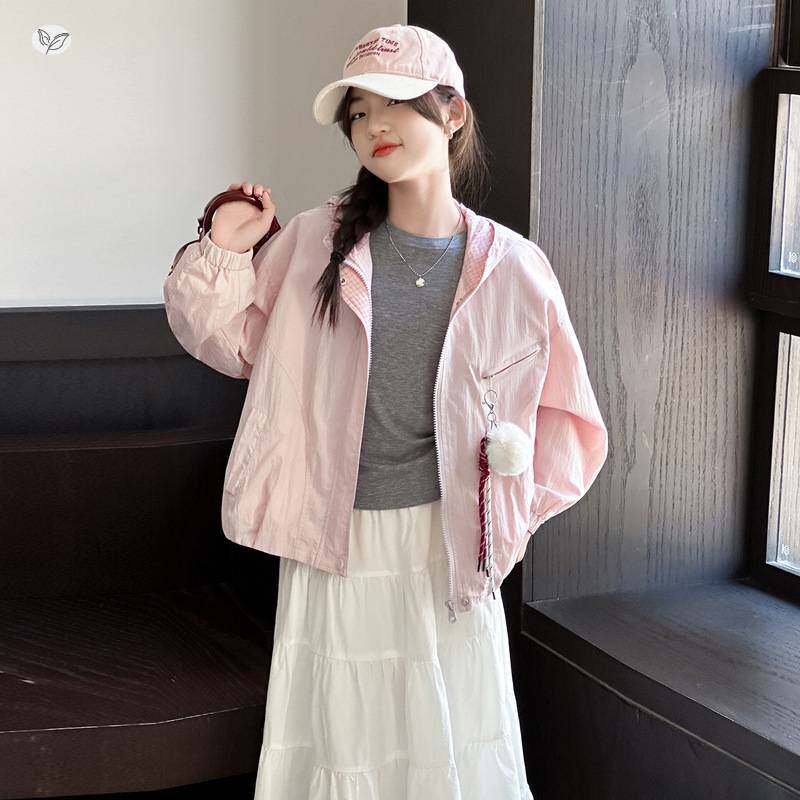 官方正品女童春夏外套2026年新款时尚连帽防晒衣中大童格子拼接短