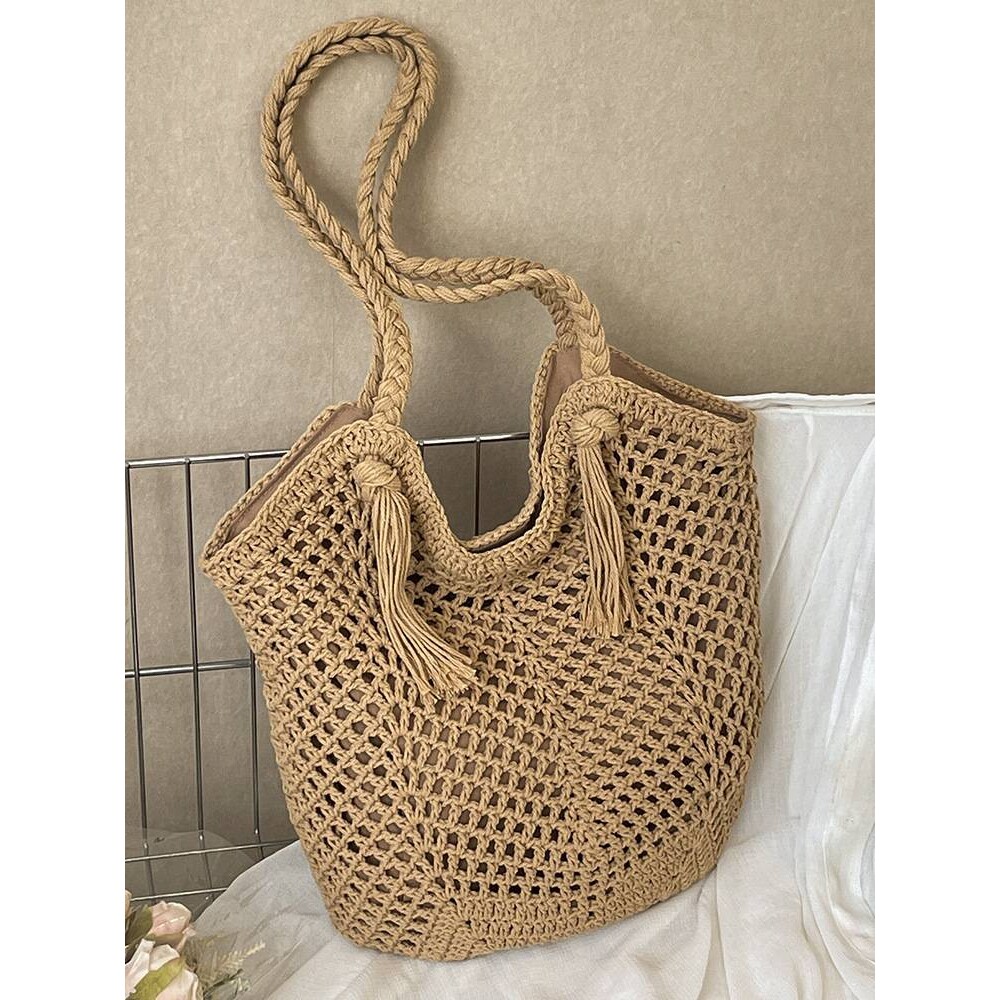 官方正品2026春季新款编织包手工包钩织托特包流苏单肩包手提包针