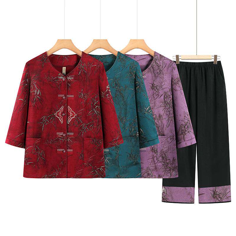 官方正品妈妈装宽松绣花上衣中老年女装夏天薄款休闲大码套装奶奶