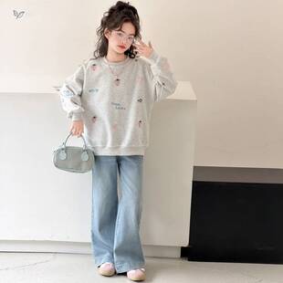官方正品女童春秋套装2026年新款中大童亮片刺绣卫衣微喇牛仔裤甜