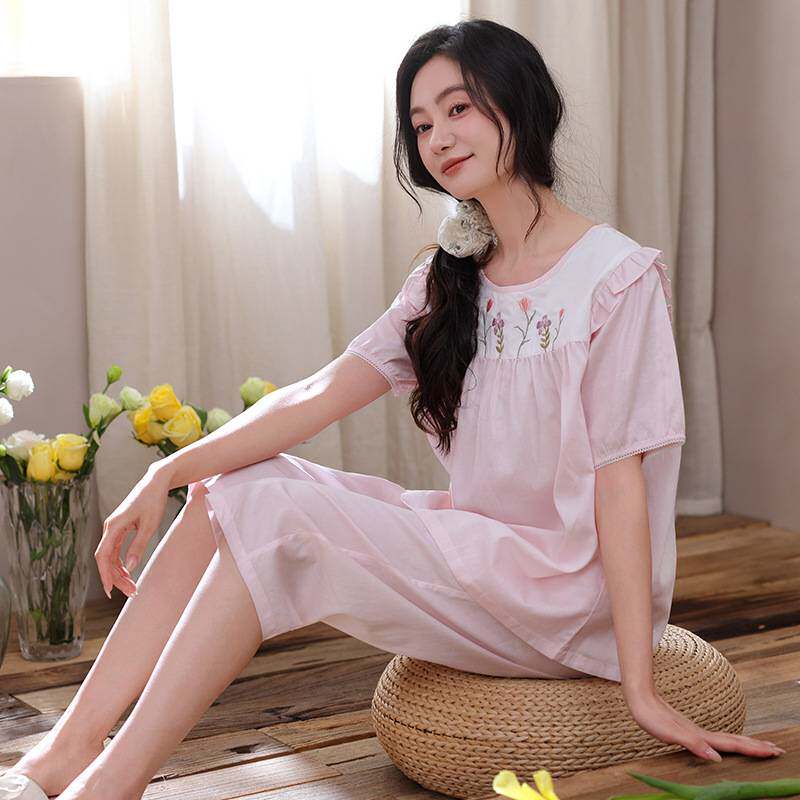 官方正品纯棉睡衣女夏季短袖新款花边七分裤套装纯色简约家居服女