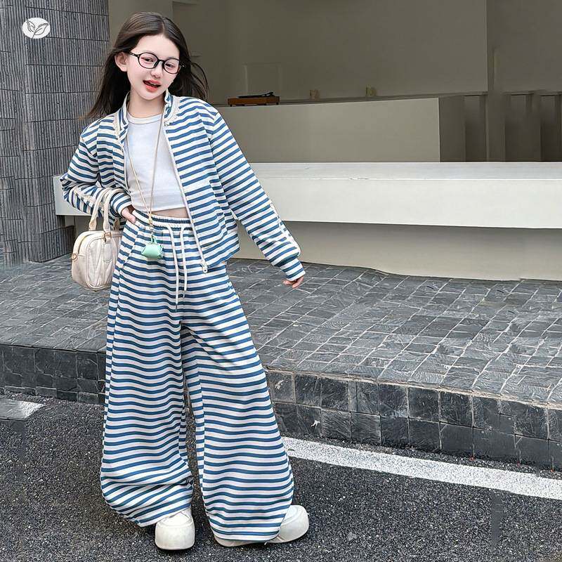 官方正品女童条纹套装2026年春季新款中大童花边领口外套阔腿裤两