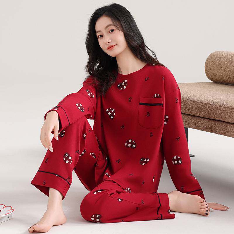 官方正品纯棉睡衣女冬季长袖长裤套装2025新款大码女士春秋薄款红