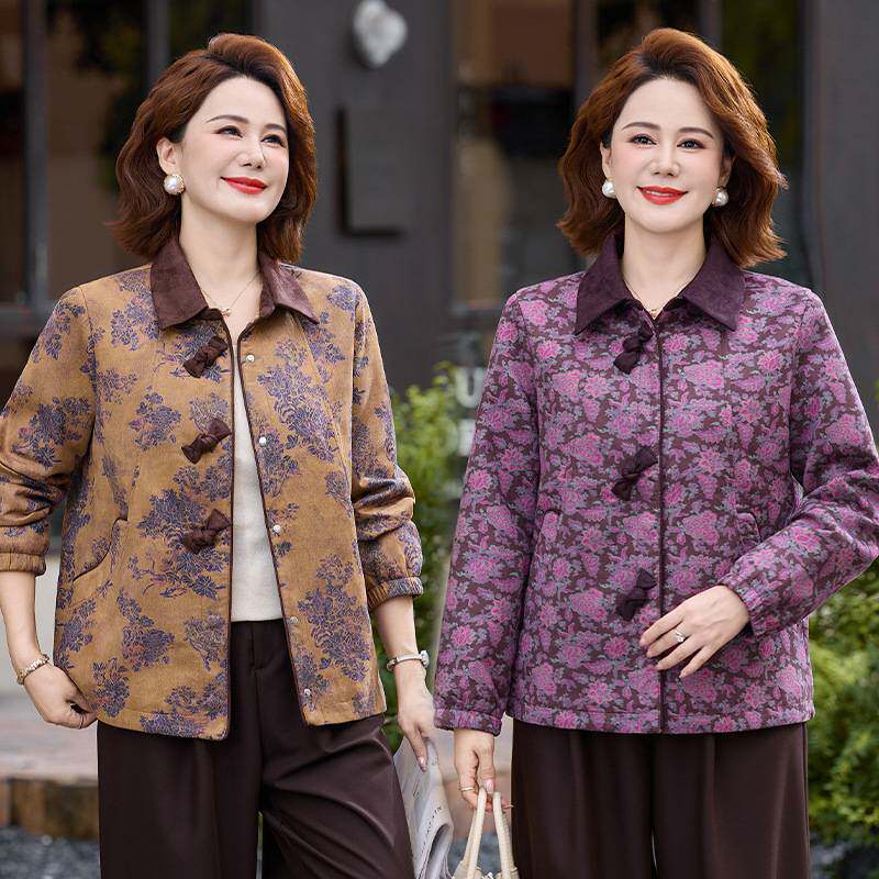 官方正品中老年妈妈印花夹克短款洋气女装新国风春秋装外套大码宽