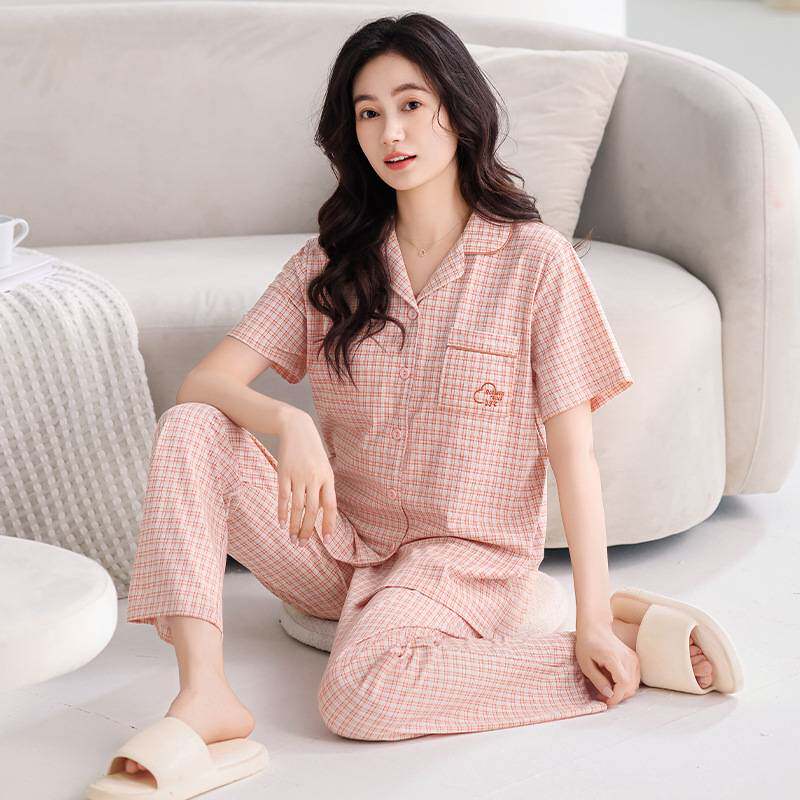 官方正品带胸垫睡衣女夏季纯棉短袖长裤2026新款薄夏天中年妈妈家
