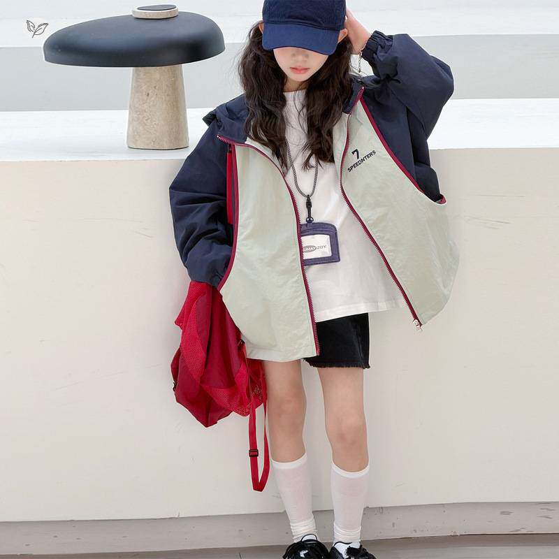 官方正品女童外套2026年春季新款连帽撞色夹克衫中大童休闲长袖上
