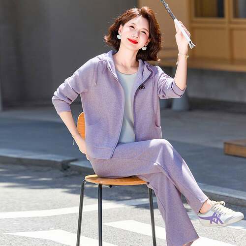 官方正品中老年女装春秋年轻休闲连帽运动服套装妈妈秋装连帽外套