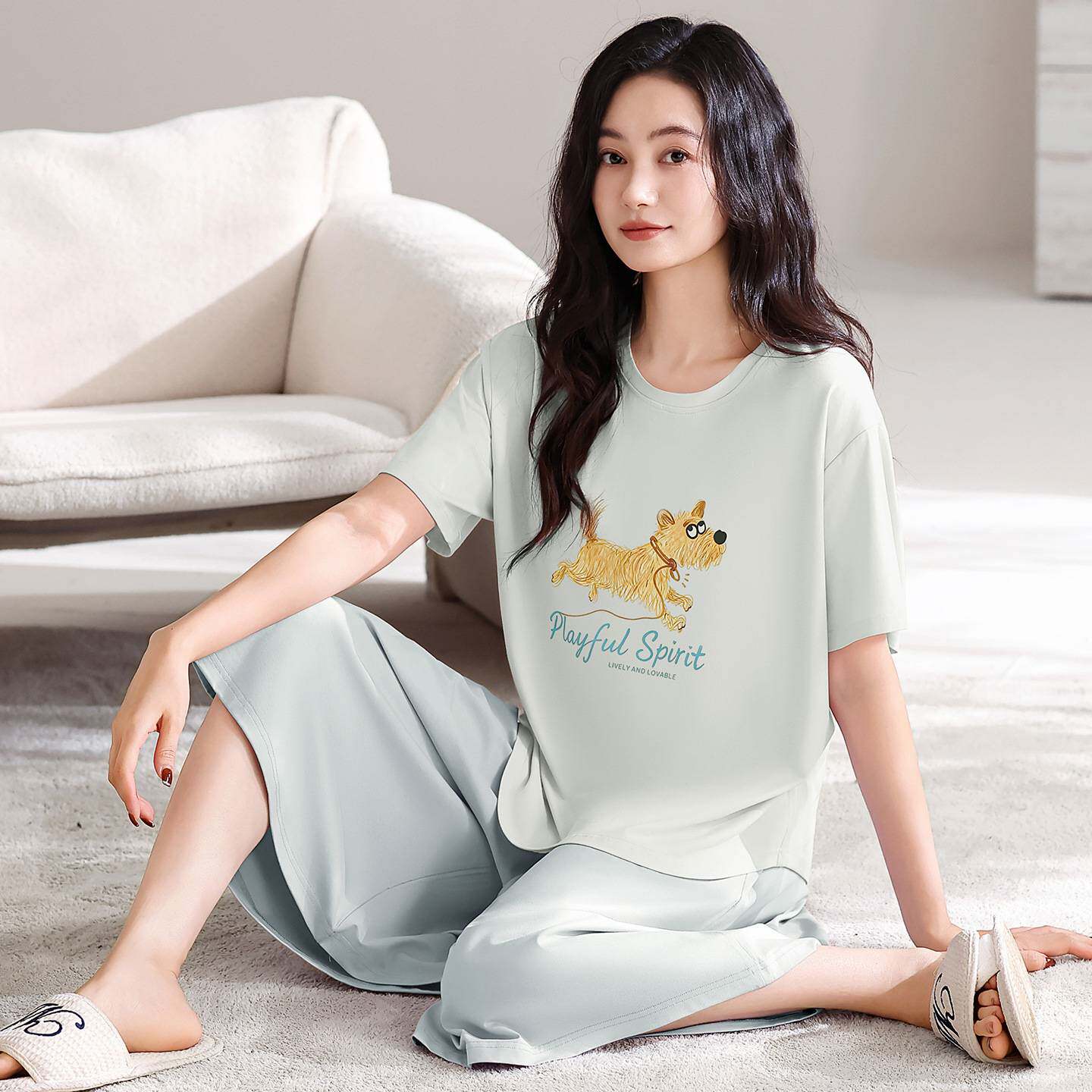 官方正品莫代尔睡衣女款夏季新款带胸垫短袖七分阔腿裙裤家居服套