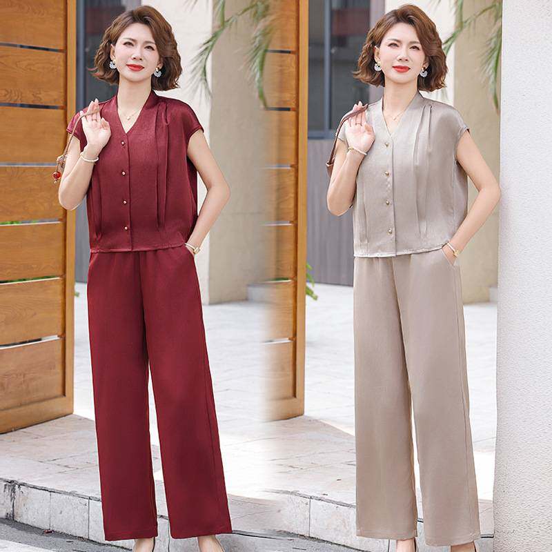官方正品妈妈夏装雪纺衫套装高级感上衣服阔太太中老年夏季短袖气