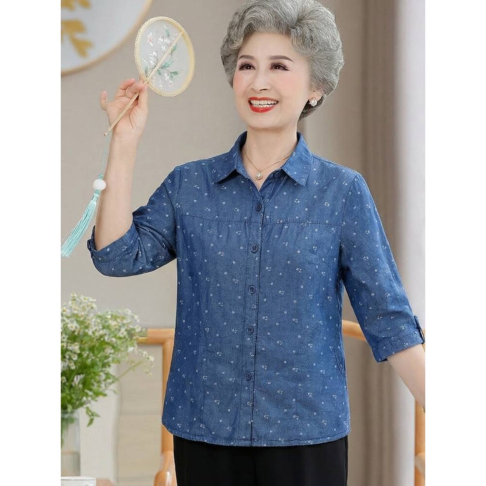 官方正品老年人新款衬衫女奶奶夏装薄款衬衣妈妈七分袖上衣老人春