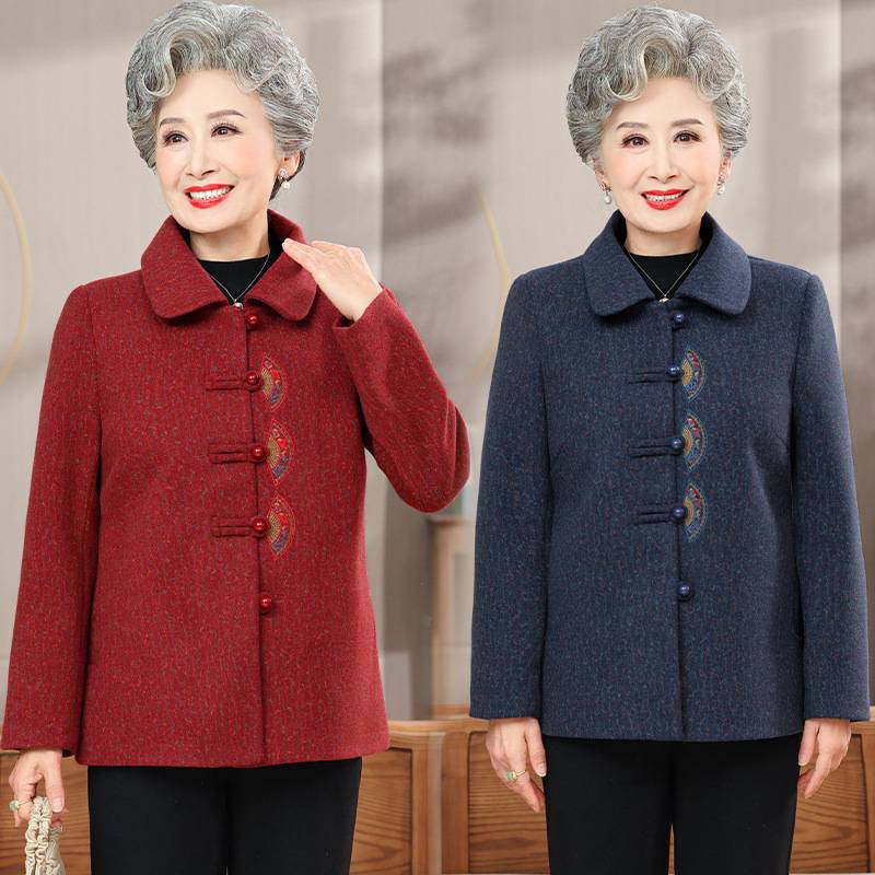 官方正品中老年人秋冬装奶奶翻领绣花毛呢外套休闲女装70岁老人衣