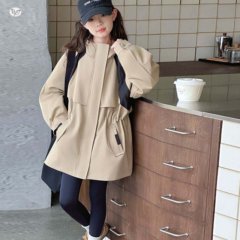 官方正品女童风衣2026年春季新款中大儿童韩系抽绳收腰外套宽松连