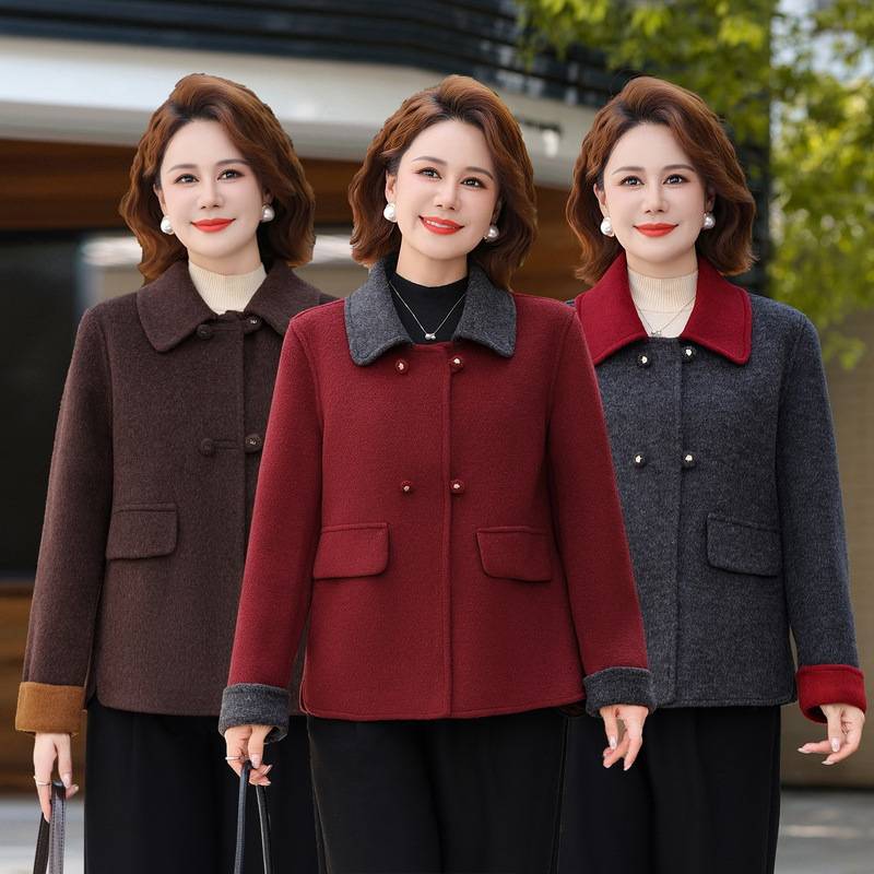 官方正品妈妈春秋装短款毛呢外套女时尚中老年女装双面呢大衣洋气