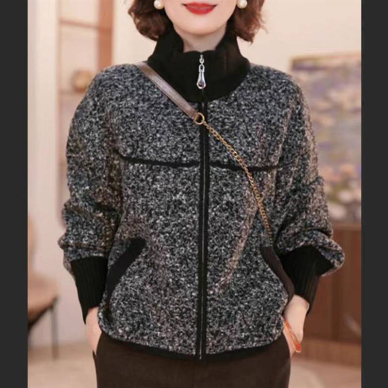官方正品中老年女装针织开衫外套女气质立领妈妈装春秋季拉链衫洋