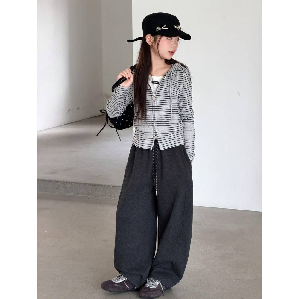 官方正品女童春秋条纹假两件连帽上衣套装2026新款韩范休闲弯刀裤