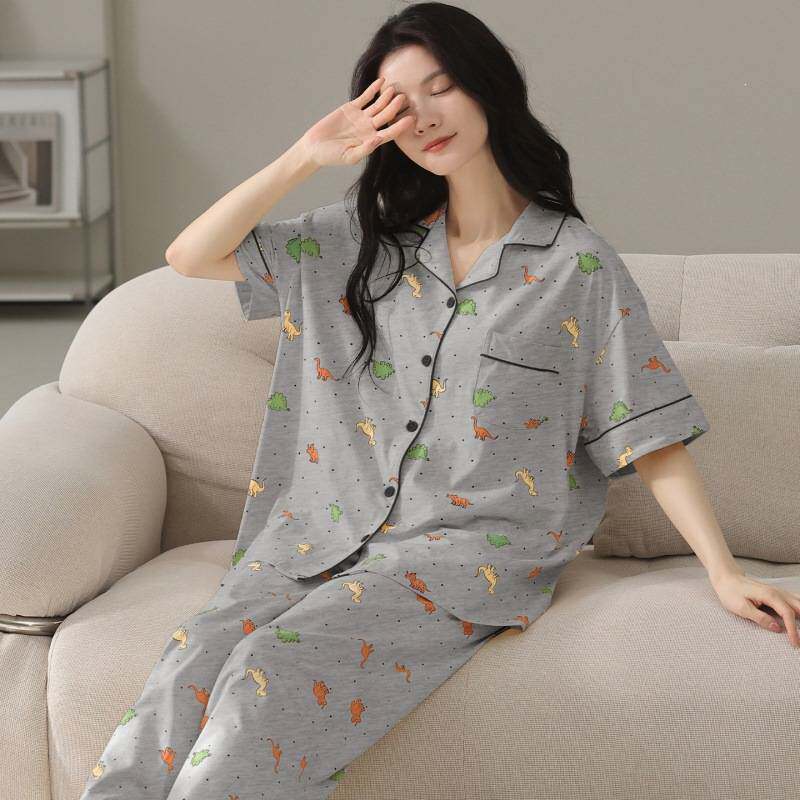 官方正品新款睡衣女夏季纯棉短袖长裤阔腿裤家居服女士宽松开衫爽