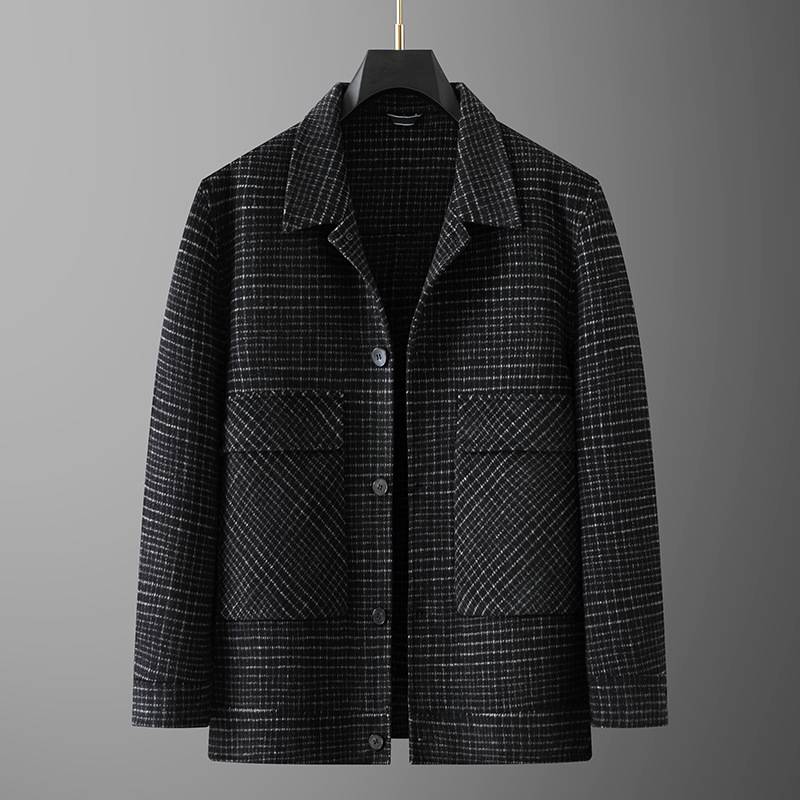 商场品牌胖子2025男士加肥加大码时尚休闲翻领双面呢外套潮羊毛夹