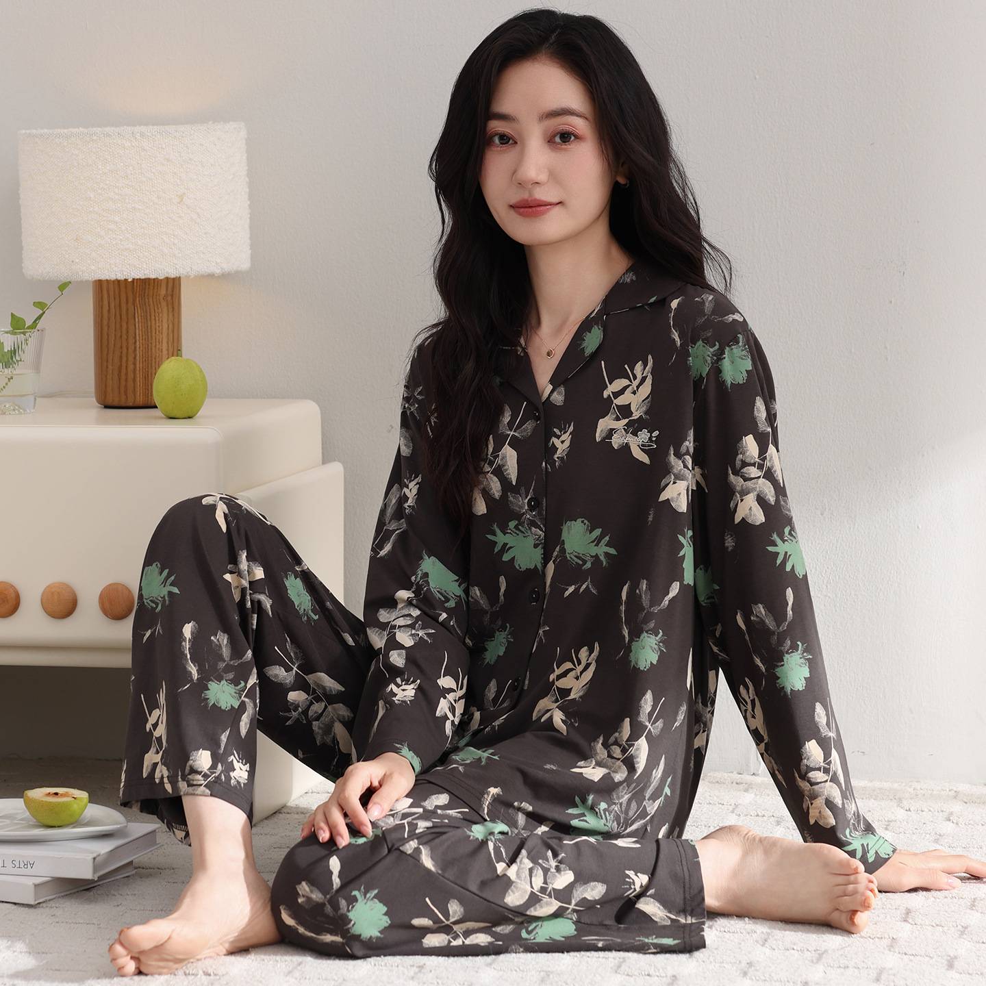 官方正品春秋睡衣女士纯棉长袖秋季四季翻领休闲家居服可外穿中年