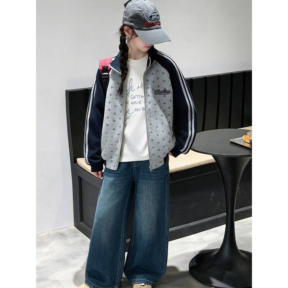 官方正品女童秋装外套儿童洋气时髦立领棒球服宽松休闲开衫上衣潮