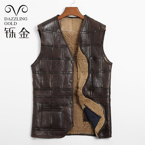 坎肩男马甲秋冬v领真皮加厚羊毛