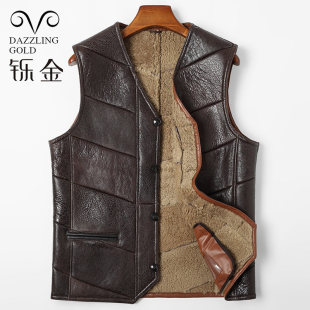 铄金新款进口皮毛一体V领马甲真皮衣男款加厚马夹坎肩羊羔毛背心
