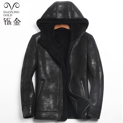 新冬季原生态皮毛一体男外套机车连帽羊羔毛真羊毛夹克真皮草皮衣