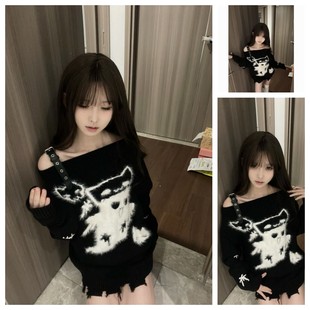 日系学院风一字领亚比文化毛衣女春秋y2k软糯慵懒小众长袖 针织衫