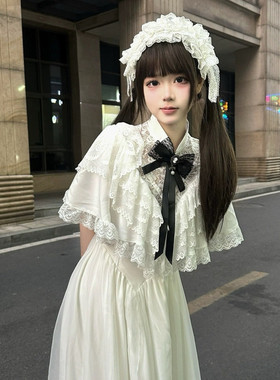 全款洛丽塔高级感蝴蝶结短袖连衣裙夏季蕾丝白色长裙女