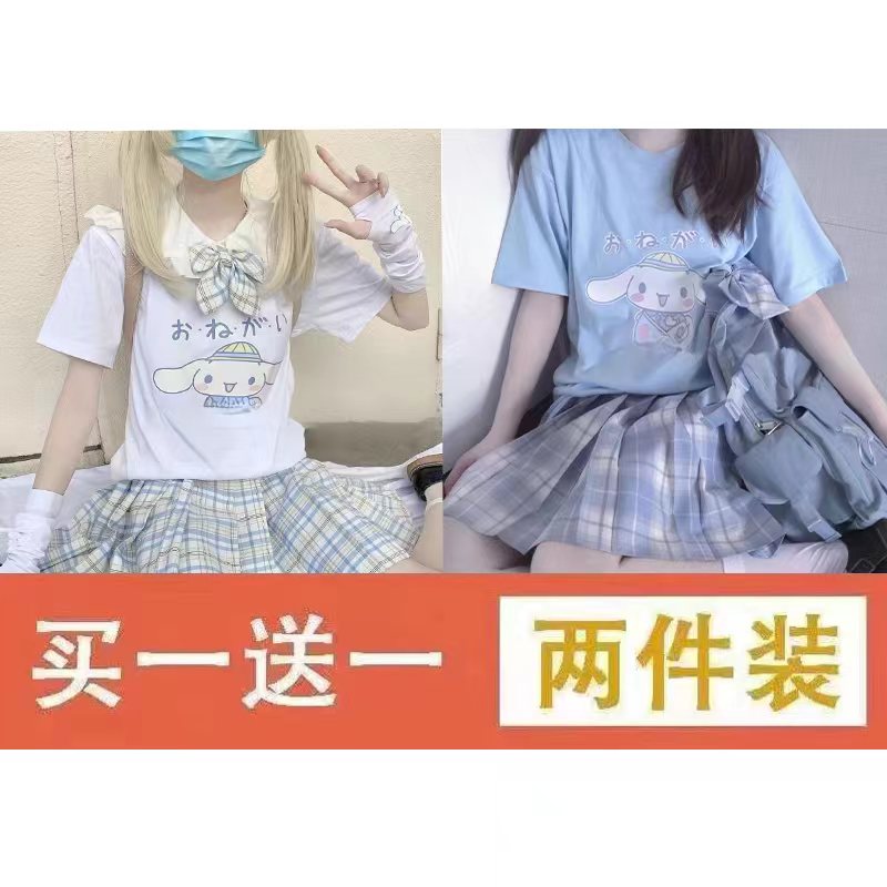 日系ins学院风可爱玉桂狗印花宽松短袖T恤女软妹学生上衣买一送一