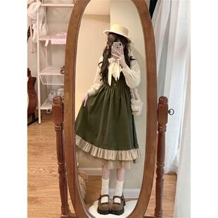 衬衫 两件套学院风春秋连衣裙女高腰显瘦拼接蕾丝时尚 公主背带裙