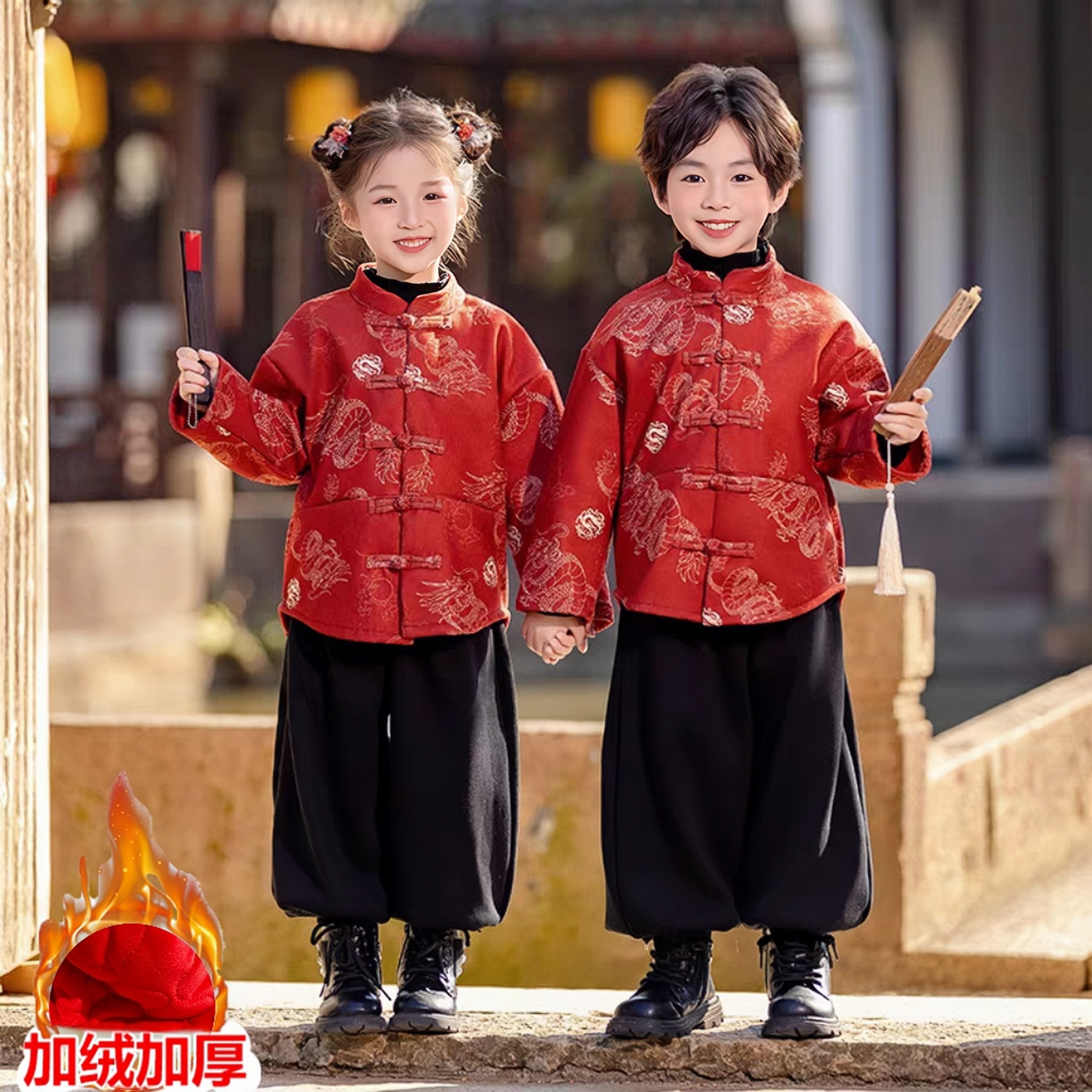 儿童唐装红色龙纹男女童汉服套装