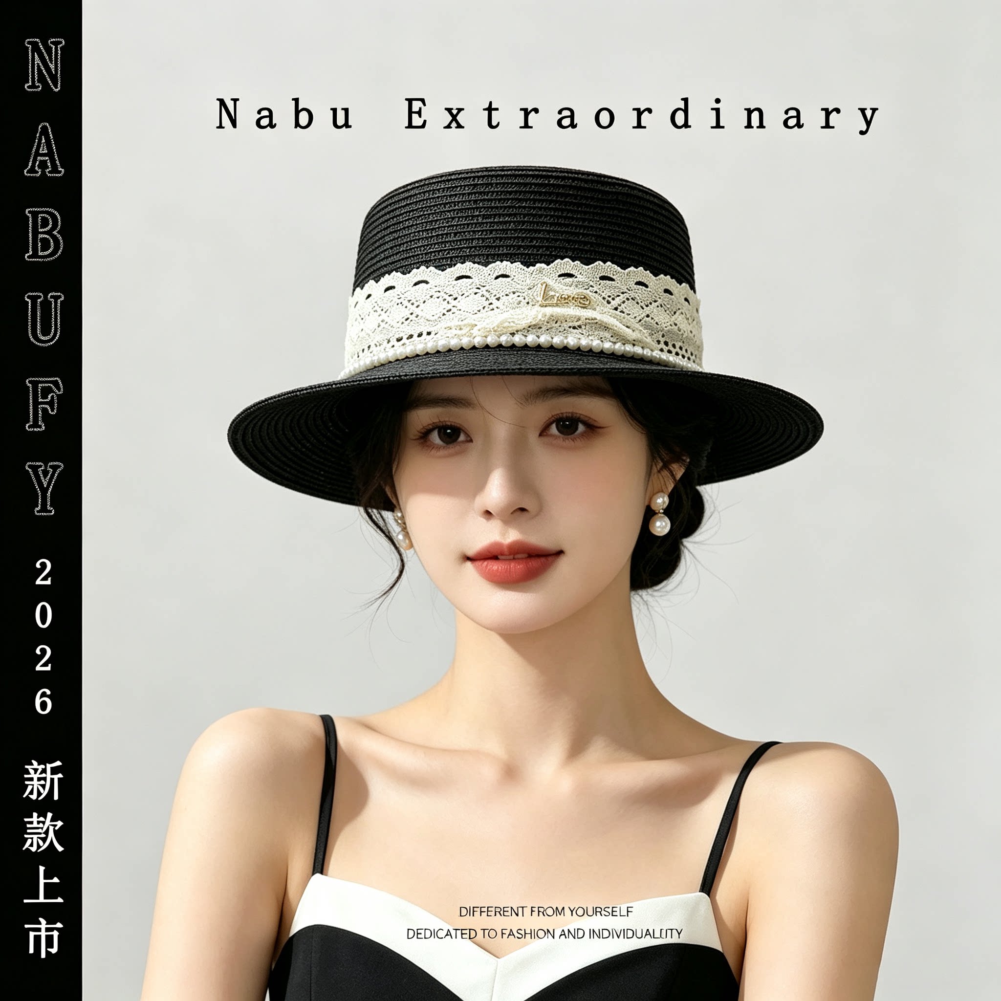 韩系蕾丝花边草编平顶帽子女春夏气质珍珠平沿礼帽出游防晒遮阳帽
