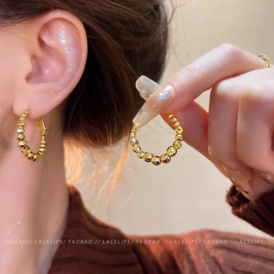 时来运转金色圆球耳环女2025新款爆款轻奢高级感耳钉夸张秋冬耳饰