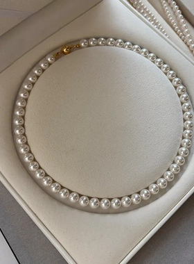 施家澳白磁吸扣正圆珍珠项链女法式轻奢锁骨链小众时尚毛衣链